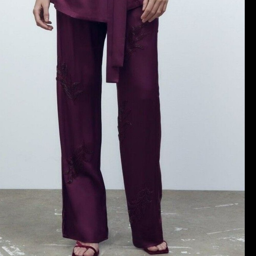 ZARA~ LAST ONE!  HIGH-WAIST TROUSERS WITH BEADED EMBROIDERY DARK PURPLE XS